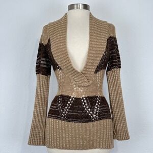 Y2K Bella Layering Shawl Deep V-Neck Sweater Small Knit Long Fitted Striped